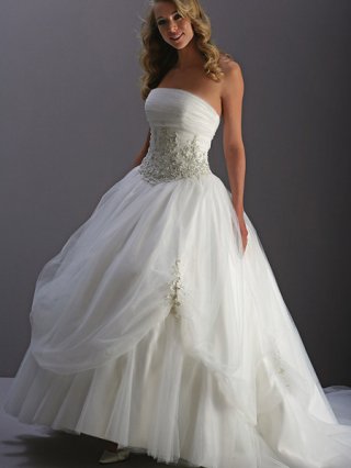 2012 cute Strapless Ball gown Embroider at waist and satin faced tulle Cheap Wedding Dress