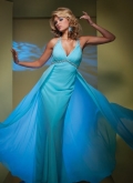 Fluffy Halter Beadings Border V Neckline Ball Gown Tulle Over Elastic Satin Evening Dress