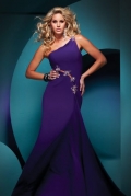 A Line Purple One Shoulder Slinky Waist And Ball Gown Evening Dress With Furcation