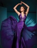 Purple A Line Halter Tiny Pleated Beading V Neckline Elastic Satin Evening Dress With A Train