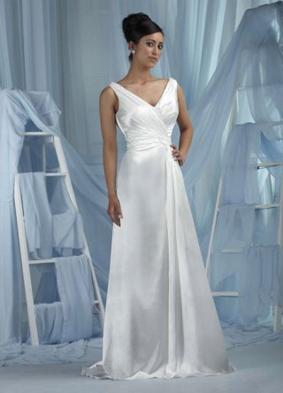 Absorbing V-neck Cheap Pleated Strap White Satin Wedding Dress 2011
