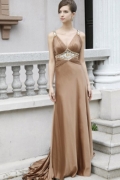 V-neck Cheap rhinestone Spaghetti Straps empire waist floor length chiffon Design Evening Party Dress