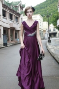 Elegant Purple V-neck A-line puffed Cheap floor-length Design satin Evening Party Dress Hot Sale
