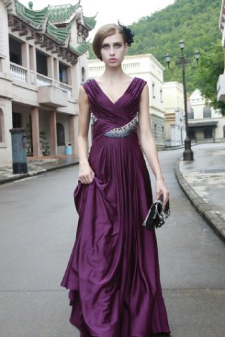 Elegant Purple V-neck A-line puffed Cheap floor-length Design satin Evening Party Dress Hot Sale