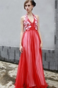 Red Halter V-neck Empire Waist Applique Design chiffon Evening Party Dress