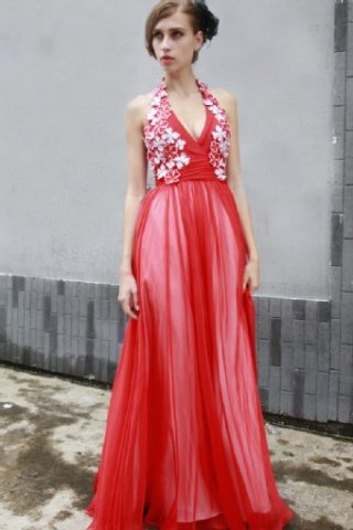 Red Halter V-neck Empire Waist Applique Design chiffon Evening Party Dress