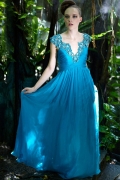 Blue Embroider V-neck a-line floor length Design Evening Party Dress at Discount price