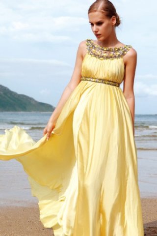 Yellow Empire Waist Design Rhinestone Straps Floor length Evening Party Dress at wholesale price