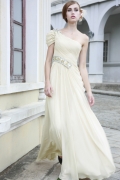 Asymmetrical one strap Light Yellow Cheap Column Chiffon Beaded Design Evening Gown