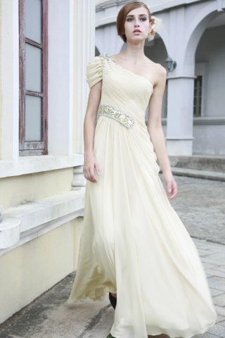 Asymmetrical one strap Light Yellow Cheap Column Chiffon Beaded Design Evening Gown