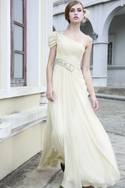 Asymmetrical one strap Light Yellow Cheap Column Chiffon Beaded Design Evening Gown