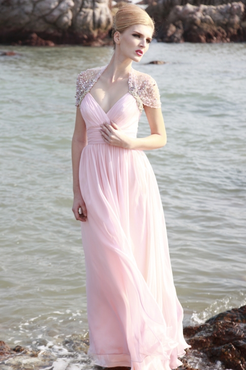Pink V-neck Empire Waist Cheap sequin warp Design floor length Evening dress