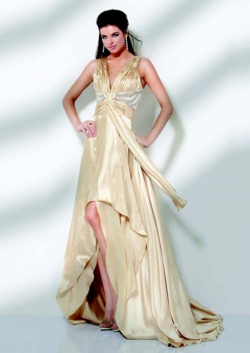 Gold Asymmerical Brush Train A Ruched V Neckline Evening Dress