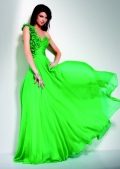 Bright One Flower Shoulder Pleated Sweetheart Chiffon Gown Top 100 Evening Dress