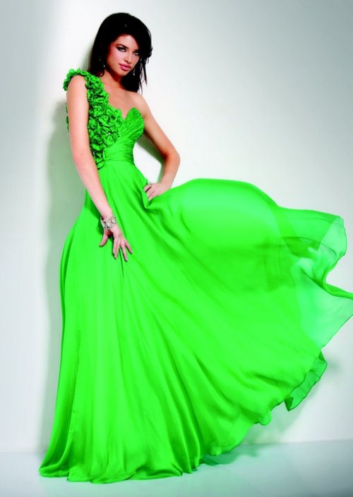 Bright One Flower Shoulder Pleated Sweetheart Chiffon Gown Top 100 Evening Dress