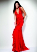 Charming Red Split V Neckline Fully Draped And Ruched Evening Dress