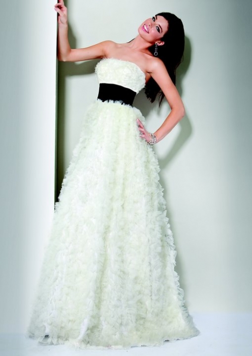 A Line Organza Ribbon Princess Pure White Flat Floor Length Evening Dress/ Prom Dress