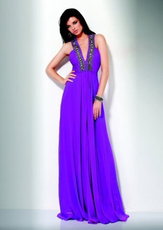 Purple Beading Halter And V Neckline Ball Gown Floor Length Evening Dress