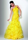 Gorgerous Yellow One Shoulder Multi Layers Ball Gown Ruched Bodice Evening Dress wn