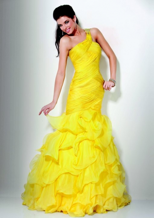Gorgerous Yellow One Shoulder Multi Layers Ball Gown Ruched Bodice Evening Dress wn