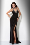 Black Halter Taffeta Chapel Train V Neckline With Beadings Backless Sexy Evening Dress
