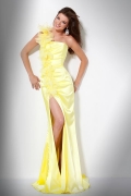 Light Yellow Elastic Satin One Flowers Shoulder Side Furcation Evening Dress