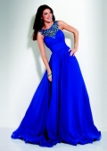 Round Neckline With Hollow Beadings Gown pricess Waist Pleated Floor Length Pick Up Blue Evening Dress