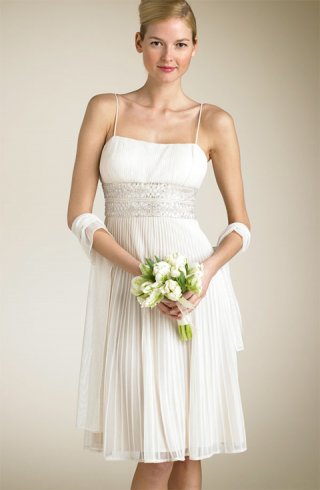 New Style Affordable Chiffon Spaghetti Straps Mid Length Empire Waist Sheath/ Column Wedding Dress