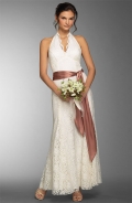 2012 Halter Lace Designer V-neck Full length with Sash Beach Wedding Dress