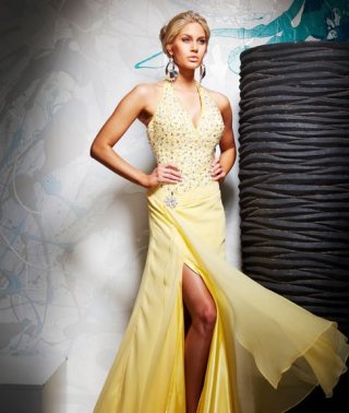 Halter Yellow V Neckline With Seperation Floor Length Empire Elegant Evening Dress
