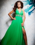 Halter V Neckline Dropped With Appliques Chiffon With A Furcation Designer Evening Dress
