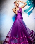 Claret One Strap Taffeta Organza Appliques Multi-Layer Prom Dress