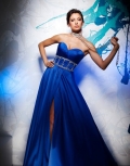 Strapless Sweetheart Pleated Neckline With Beading Waistband Furcation Chaple Train Pick Up Blue Evening Dress