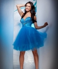 Deep Blue Sequins Sweetheart Beaidng Ruched Tea length Organza Taffeta Cocktail Prom Dress