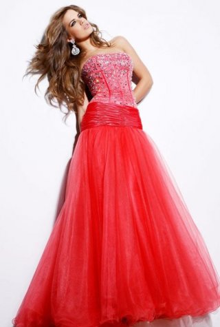 A Line Princess Flat Neckline Overlay Pearls Organza Over Elastic Satin Evening Dress With A Gown