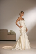 New Style Champagne Satin Strapless Court Train Embroidery Ruched Mermaid Wedding Dress