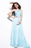 A Line Light Blue One Side Shoulder Organza Over Elastic Satin Ball Gown Evening / Prom Dress