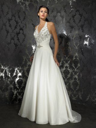 2012 Halter Satin Embroidery Elegant V-neck Sweep Length A-line Wedding Bridal Gown