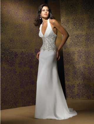 2012 Halter Deep V-neck Style Embroidery Sweep length Beach Wedding Dress