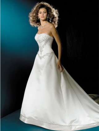 2012 Bargain Strapless Style Embroidery Satin Court Train Low Back Ball Gown Wedding Bridal Gown