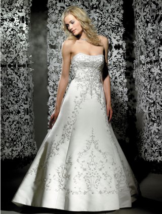 2012 Spring Style Strapless Satin Embroidery A-line Wedding Bridal Gown