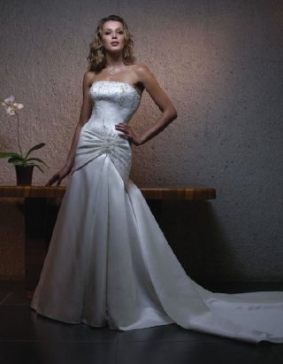 New Style White Satin Beads Working Chapel Train Wrinkles Strapless Mermaid Wedding Dress