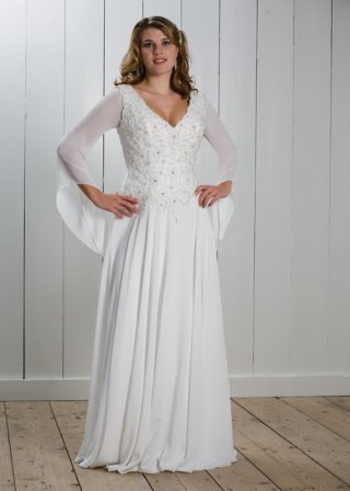 2012 V-neck Long Sleeves Beads Chiffon Floor Length Plus Size Wedding Dress