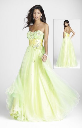 Empire Strapless Light Yellow Waistband Sweetheart Floor Sweep Prom Dress