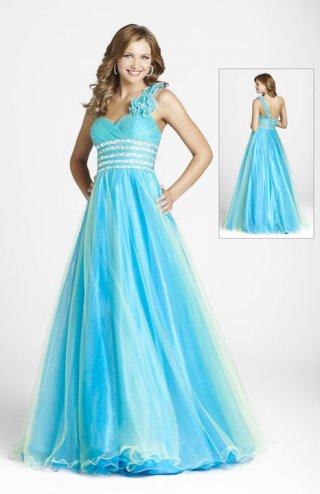 One Flower Shoulder Deep Blue Appliques Elastic Satin Ball Gown / Prom Dress