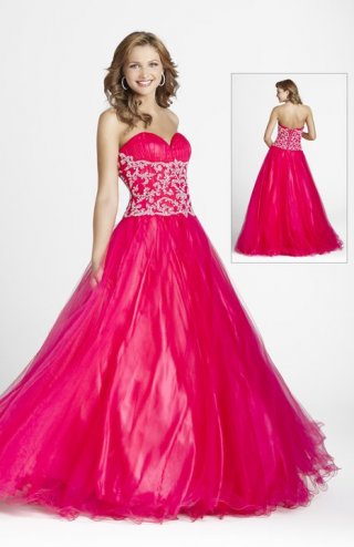 Red Attractive Embroidery Sweetheart Strapless Organza Taffeta Ball Gown Prom Dress