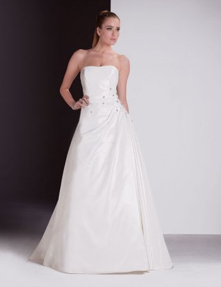2012 Side Draped Taffeta Strapless Appliqe A-line Wedding Bridal Gown
