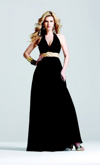 Dropped Floor Length Balck Halter Satin With Different Waistband V Neckline Gorgeous Evening Dress