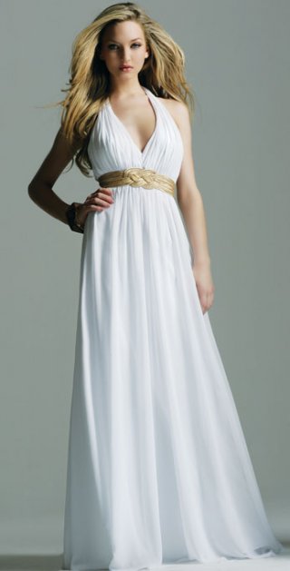 A Dropped Halter Pleated V Neckline With Patterns In The Waist Evening Dress