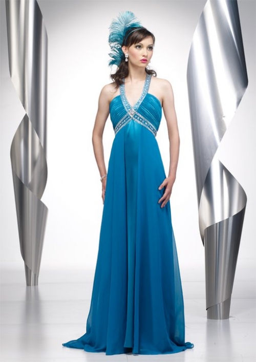 Pricess Dropped Halter With Beadings Chiffon Fashion Evening Dress